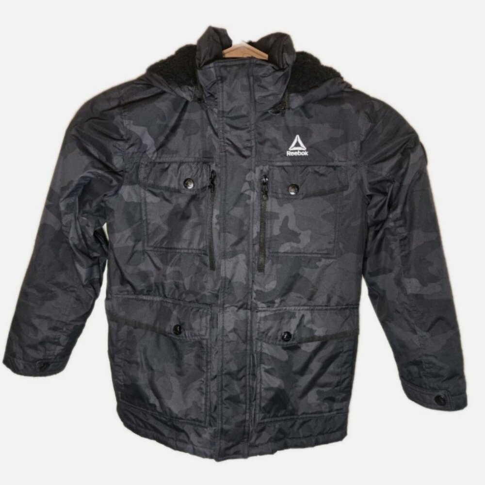 Reebok Winter Coat Black Camo Child 10/12 Removable Hood Double Zipper